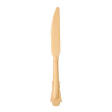 A PAPSTAR wooden knife "pure" 20.5 cm from PAPSTAR GmbH stands upright against a white background, showing its serrated edge, flat handle, and subtle vintage design; here one of six knives from the set.
