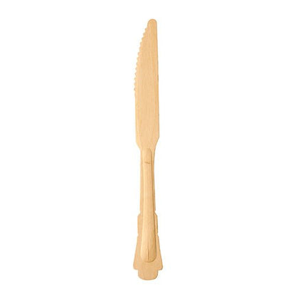 A PAPSTAR wooden knife "pure" 20.5 cm from PAPSTAR GmbH stands upright against a white background, showing its serrated edge, flat handle, and subtle vintage design; here one of six knives from the set.