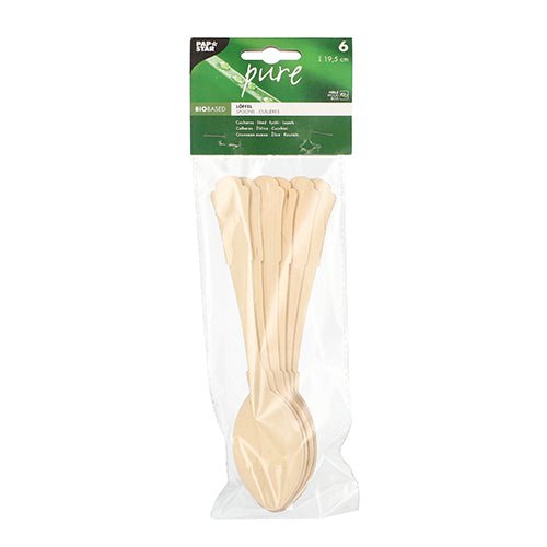 In a transparent plastic bag, there are six beige PAPSTAR wooden spoons "pure" (19.5 cm, vintage design); a green label on the top shows the brand PAPSTAR GmbH, the quantity, and "pure".