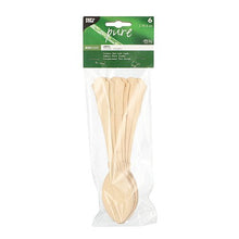 In a transparent plastic bag, there are six beige PAPSTAR wooden spoons "pure" (19.5 cm, vintage design); a green label on the top shows the brand PAPSTAR GmbH, the quantity, and "pure".