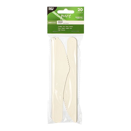A transparent plastic package with 20 white PAPSTAR paper knives "pure", each 15.8 cm, eco-friendly and biodegradable, by PAPSTAR GmbH. The top label indicates the product name, size, eco-friendly feature, and quantity.