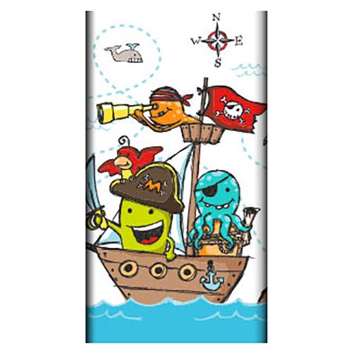 Cartoon pirate ship with cheerful sea creatures, including a yellow figure, a red bird, and a blue octopus. With whale and compass – ideal as PAPSTAR tablecloth, paper (120 x 180 cm) from PAPSTAR GmbH for stylish table decoration.