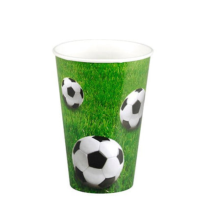 The eco-friendly PAPSTAR cardboard drinking cup (0.2 L, Ø 7 cm, 9.7 cm) from PAPSTAR GmbH shows three black and white footballs on green grass.