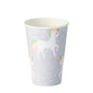 The PAPSTAR 10 drinking cups (0.2 L, Ø 7 cm, 9.7 cm) from PAPSTAR GmbH is an eco-friendly gray cardboard cup with white unicorn pattern and pastel-colored manes as well as small white triangles in the background.