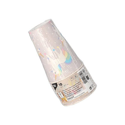 A stack of PAPSTAR 10 cardboard drinking cups (0.2 L, Ø 7 cm, 9.7 cm) from PAPSTAR GmbH, packaged in plastic with unicorn and rainbow motifs. The label shows product details and barcodes.
