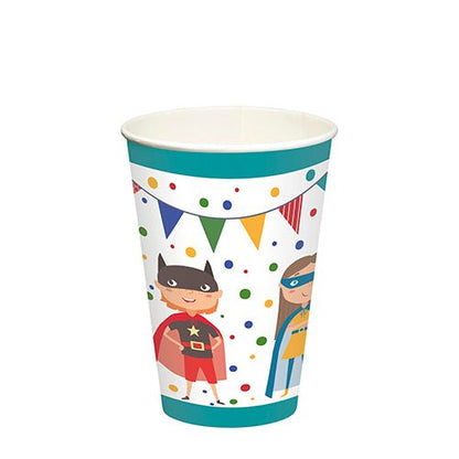 The PAPSTAR 10 drinking cups (0.2 L, Ø 7 cm, height 9.7 cm) made of cardboard from PAPSTAR GmbH are eco-friendly and feature colorful superhero kids, polka dots, and bunting. Inside white with blue-green rim at the top and bottom.
