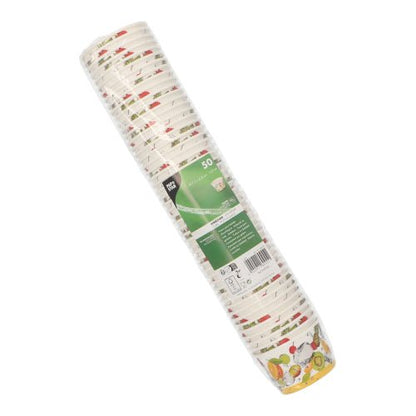 A stack of 50 PAPSTAR ice cream cups made of round cardboard by PAPSTAR GmbH wrapped in foil. Colorful fruit and vegetable motifs at the bottom edge make them perfect for desserts like ice cream cups.