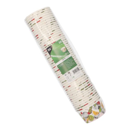 The 50 ice cream cups “round cardboard” from PAPSTAR GmbH come in a plastic package with a green label and show illustrated vegetable motifs – perfect disposable paper bowls for desserts or as ice cream cups at your next gathering.