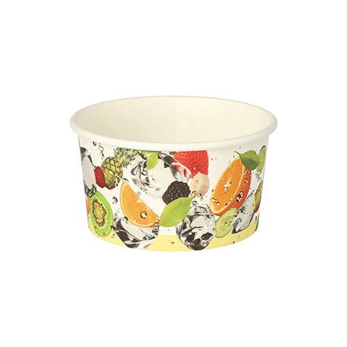 The PAPSTAR 50 ice cream cups, round and made of cardboard by PAPSTAR GmbH, are white and feature images of fruits like kiwi, orange, strawberry, pineapple, and blackberry with splashes of water – ideal for serving ice cream.