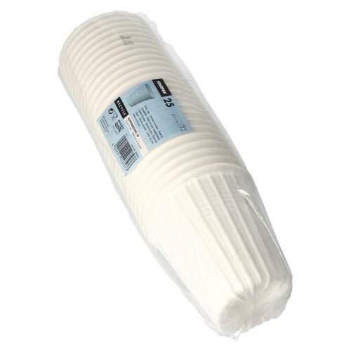 A stack of Starpak 25 soup cups "To Go" (PP, white, Ø11.5 cm), packaged in clear plastic with a blue-white label - ideal for take-away soups.