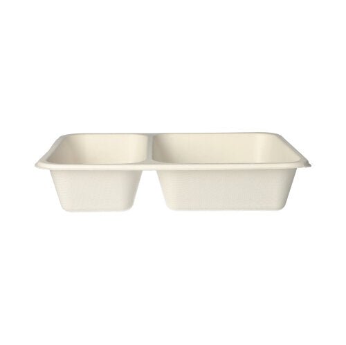 The PAPSTAR 125 sealed trays, sugarcane 2-part from PAPSTAR GmbH are beige, rectangular food trays made from biodegradable sugarcane – ideal as an eco-friendly disposable tableware option.
