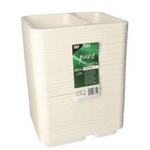 A stack of PAPSTAR 125 sealed trays made from sustainable sugarcane with two compartments is seen vertically. The front green-white label shows the brand PAPSTAR GmbH and 125 biodegradable trays per package.
