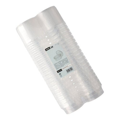 The pack of Starpak 38 deli cups contains 38 transparent, round 180-ml PP cups (Ø 9.5 cm, H 4.5 cm) with originality lids, stacked and shrink-wrapped with a central white label with product details – ideal for serving deli products.