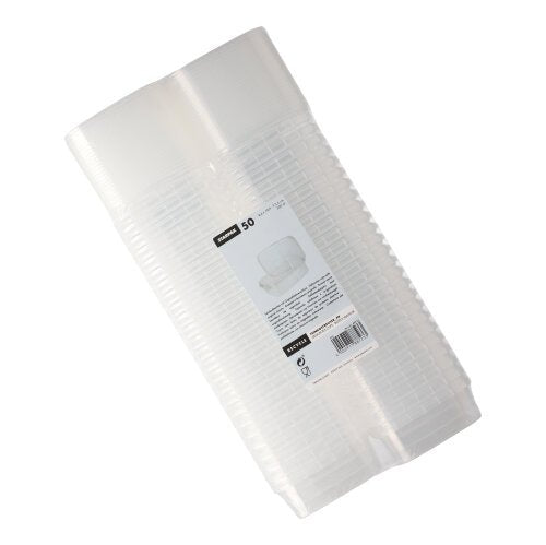 A stack of 50 Starpak delicatessen cups, PP transparent with rectangular originality seal, in clear packaging with a white label with product information and barcode.