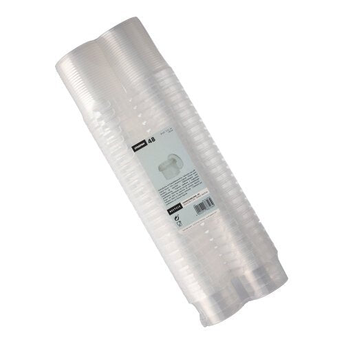 A pack of 48 transparent, round Starpak deli cups (120 ml, 6.9 cm × 5.1 cm) with tamper-evident seals, stacked and wrapped in shrink film, with a central label featuring Starpak branding and product details.