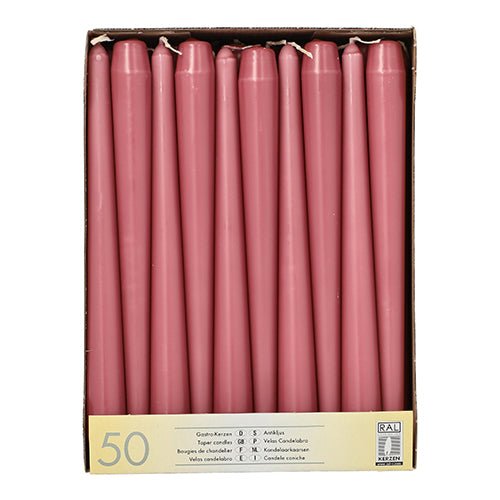 A box with ten Starpak taper candles (Ø 2.2 cm - 25 cm) in vertical arrangement. The bottom label reads "50 pieces," the long burn time is noted, and it contains information in several languages.