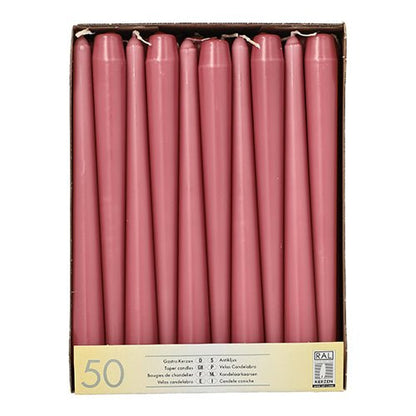 A box with ten Starpak taper candles (Ø 2.2 cm - 25 cm) in vertical arrangement. The bottom label reads "50 pieces," the long burn time is noted, and it contains information in several languages.