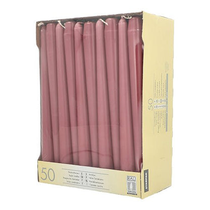In a beige Starpak box with a clear window, 50 pink taper candles (2.2 cm × 25 cm) stand upright. The product information is printed on the lower front.