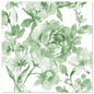 A square canvas shows green floral art in watercolor style with roses and leaves, inspired by the 50 napkins "ROYAL Collection" 1/4-fold 40 x 40 cm green from PAPSTAR GmbH, against a white background.