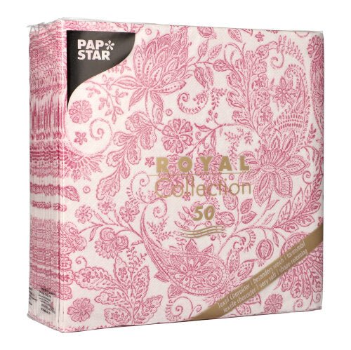 A 50-pack of PAPSTAR napkins "ROYAL Collection" 1/4 fold (40 x 40 cm) in elegant fuchsia from PAPSTAR GmbH, in stylish design and branded packaging.