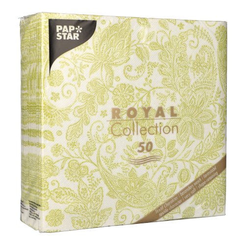 A pack of PAPSTAR 50 napkins "ROYAL Collection", 1/4-fold, 40 x 40 cm, green from PAPSTAR GmbH - ideal for festive occasions. Contains 50 green napkins in premium quality.