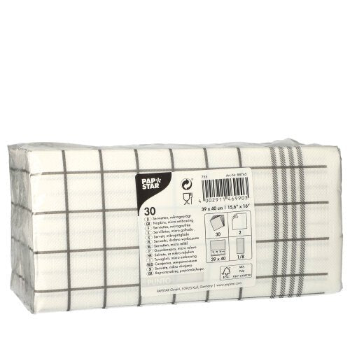 A foil-wrapped package with 30 2-ply white kitchen napkins "PUNTO" (39x40 cm, micro-embossed, 1/8-fold) from PAPSTAR GmbH features a visible front label with product details and barcodes.
