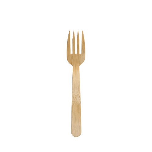 A single PAPSTAR 50 finger food - forks, bamboo "pure" fork from PAPSTAR GmbH with four prongs is centered on a simple white background and emphasizes the elegance of the environmentally friendly disposable cutlery.