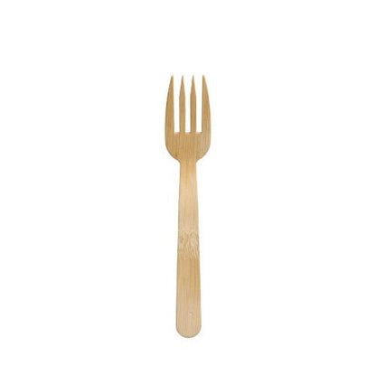 A single PAPSTAR 50 finger food - forks, bamboo "pure" fork from PAPSTAR GmbH with four prongs is centered on a simple white background and emphasizes the elegance of the environmentally friendly disposable cutlery.