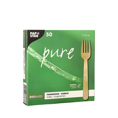 A green "pure" box from PAPSTAR GmbH contains 50 bio-based bamboo finger food forks (12 cm disposable forks) with a bamboo fork image on the right side of the packaging.