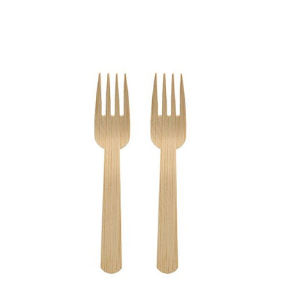 Two PAPSTAR bamboo forks "pure", 14 cm, lie side by side on a plain white background.