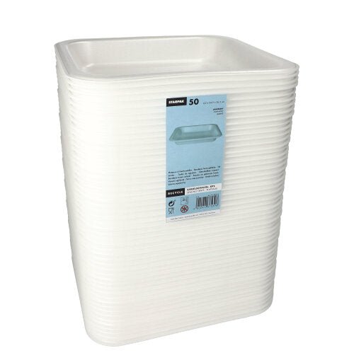 Pictured is a stack of 50 white Starpak seal trays XPS trays (4.2 x 24.5 x 26.5 cm, laminated) with slightly raised edges and a blue label with the Starpak brand and product information on the front.