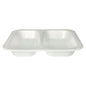The Starpak 50 seal trays are white, laminated, rectangular disposable trays (XPS, 4.2 x 24.5 x 26.5 cm) with two compartments - ideal for catering for hygienic packaging and presentation of food.