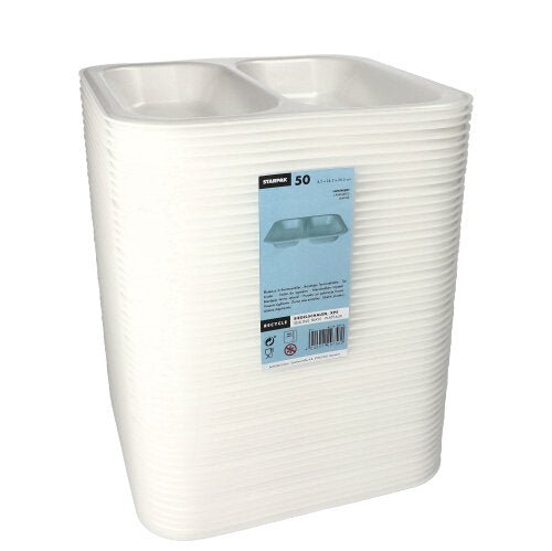 A stack of white, laminated Starpak 50 seal trays (XPS, 4.2 x 24.5 x 26.5 cm), each with two compartments, hygienically packed in clear foil with a blue-white label indicating 50 trays per pack.