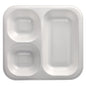 The Starpak 50 seal trays are white, laminated XPS trays (4.2 x 24.5 x 26.5 cm) with three compartments - two small squares on the left and one large rectangle on the right - shown empty from above, perfect for use in catering.
