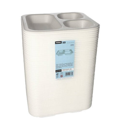 A stack of Starpak 50 seal trays - white, laminated XPS trays with three compartments (4.2 x 24.5 x 26.5 cm), wrapped in clear plastic and labeled with a blue tag - ideal for catering and food packaging.