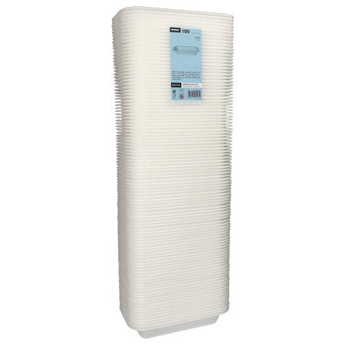 A high stack of white, laminated Starpak 100 sealing trays made of XPS, packaged in clear plastic wrap with a blue label – ideal for use in the catering industry.