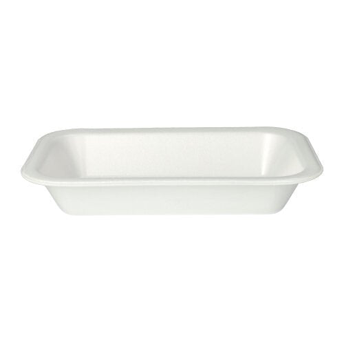 The Starpak 100 sealing trays are simple, rectangular, white laminated XPS food trays with slightly raised edges by Starpak – ideal for use in the catering industry and depicted in the photo against a white background.