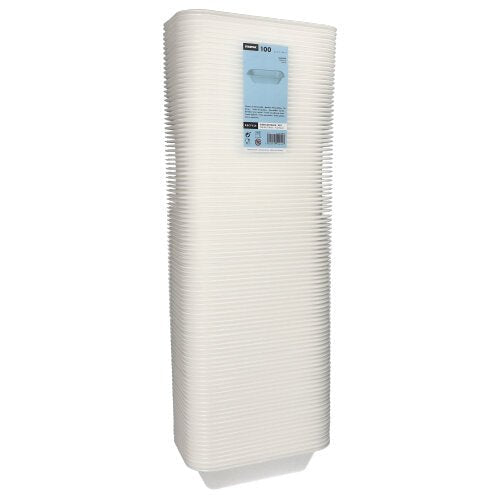 A high stack of Starpak 100 sealing trays, XPS white laminated, in plastic wrap with a blue front label with product information is depicted – ideal for use in the catering industry.