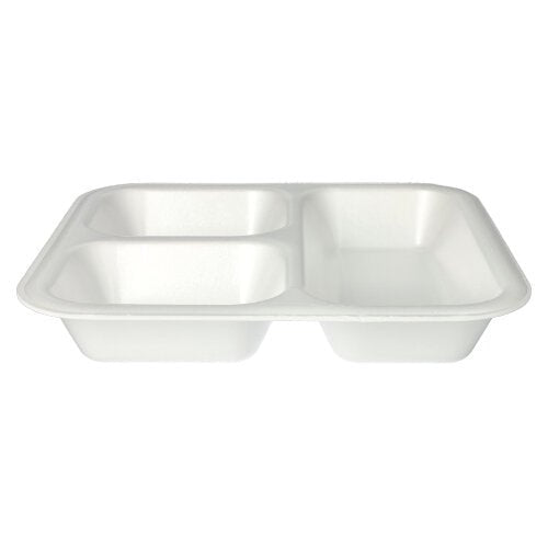 The Starpak 50 seal trays, XPS, 4.2 x 24.5 x 26.5 cm, white laminated disposable food tray with three compartments for catering use is pictured against a plain background.