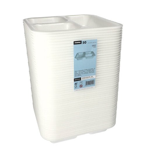 Pictured is a stack of white, laminated Starpak seal trays food trays (4.2 x 24.5 x 26.5 cm) with two compartments; ideal for catering use, the pack contains 50 XPS trays.