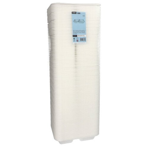 A stack of 100 white laminated XPS 2-compartment trays from Starpak, called “Starpak 100 seal trays,” is delivered wrapped in plastic film and provided with a blue label – perfect for food packaging.