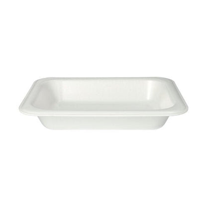 The Starpak 100 sealing trays are white, rectangular XPS-laminated disposable trays with slightly raised edges and a flat bottom – perfect for hygienic use in the catering industry. Photographed on a white background.