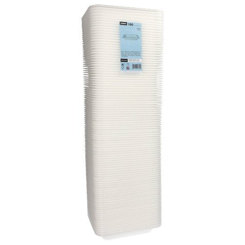 A high stack of white, rectangular Starpak 100 sealing trays, XPS white laminated, by Starpak is depicted. The top tray carries a blue product label highlighting this practical packaging solution.