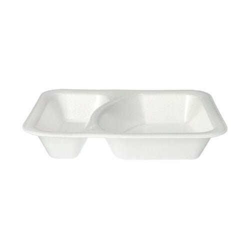 The Starpak 100 seal trays XPS 2-divided white laminated are a white, rectangular disposable food tray with two compartments from Starpak, depicted against a plain white background.