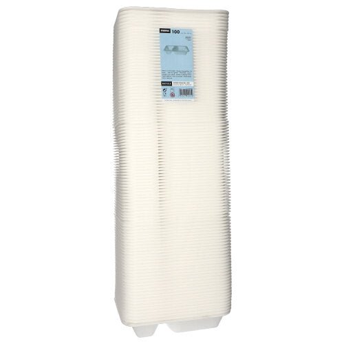 A stack of 100 Starpak food trays made from white, laminated XPS with two compartments, raised edges, rectangular shape, and a blue label on top. Brand: Starpak.