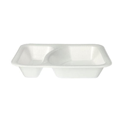 A white, rectangular Starpak 100 seal trays XPS food tray with two compartments, viewed from above against a plain background.