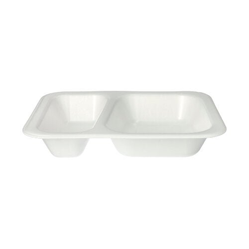 The Starpak 100 seal trays, XPS 2-divided white laminated tray from Starpak is a white, rectangular food packaging made of XPS with two compartments – one large and one small – on a plain white background.