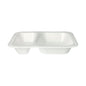 The Starpak 100 seal trays, XPS 2-divided white laminated tray from Starpak is a white, rectangular food packaging made of XPS with two compartments – one large and one small – on a plain white background.