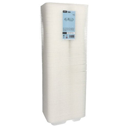 A tall stack of 100 Starpak seal trays, XPS 2-divided, white laminated, with a label on the front. The white, rectangular food packages from Starpak are neatly aligned and packed together.