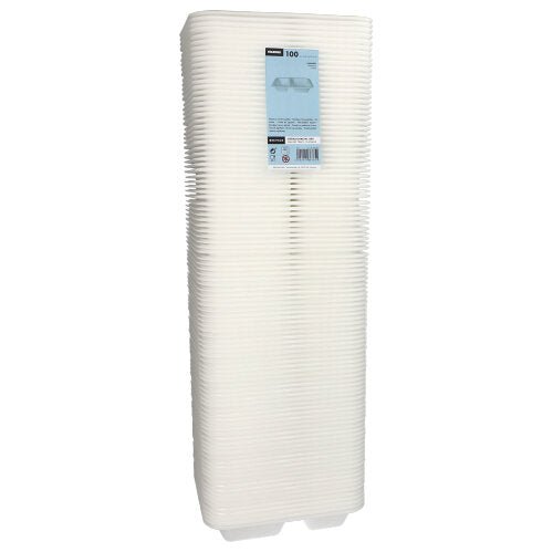 Depicted is a tall stack of white, rectangular plastic food containers from Starpak with the inscription “Starpak 100 seal trays, XPS 2-divided white laminated.”